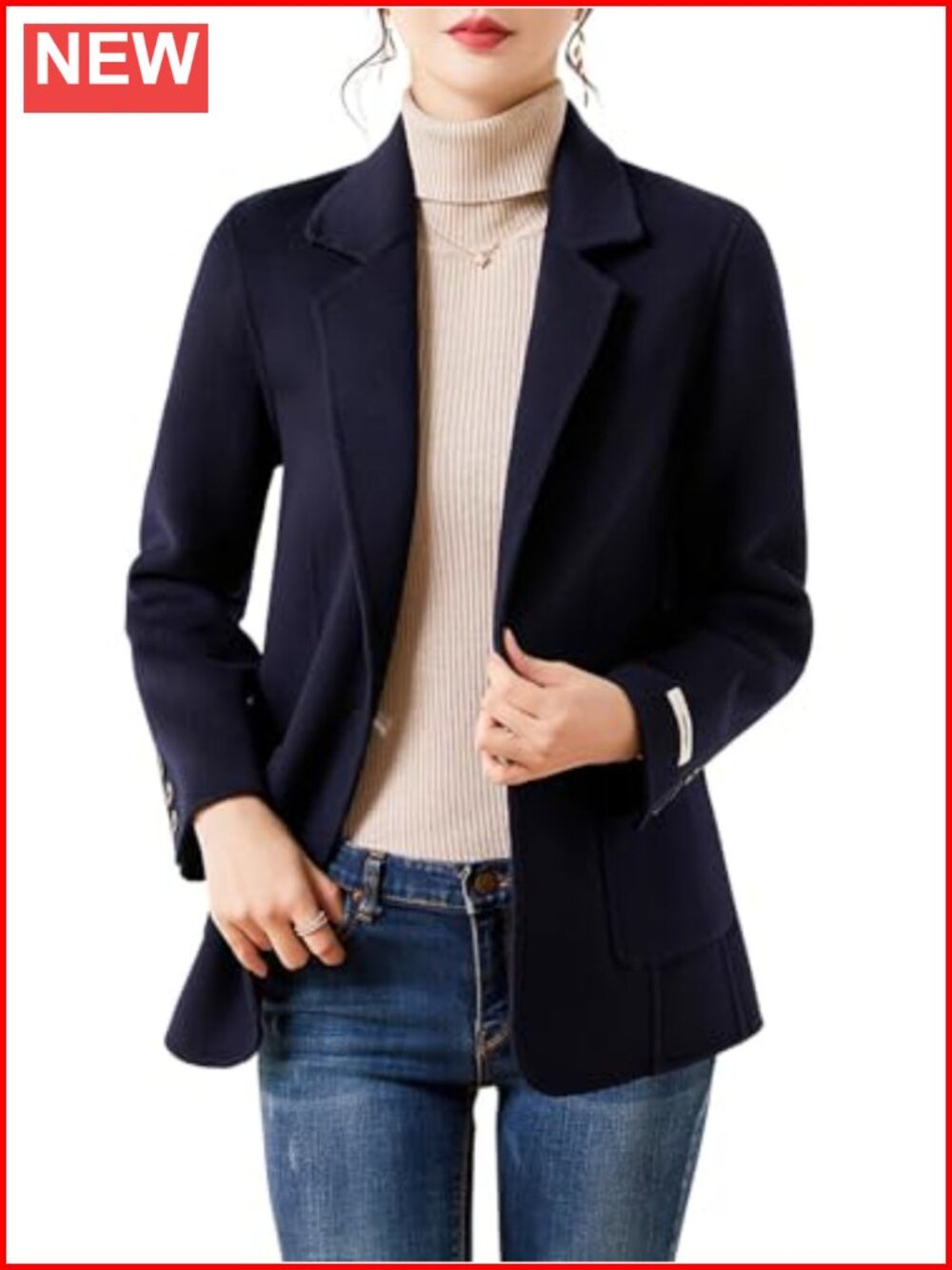 Women's Wool Blend Pea Coat Notched Lapel 1-Button Business Blazer Jacket